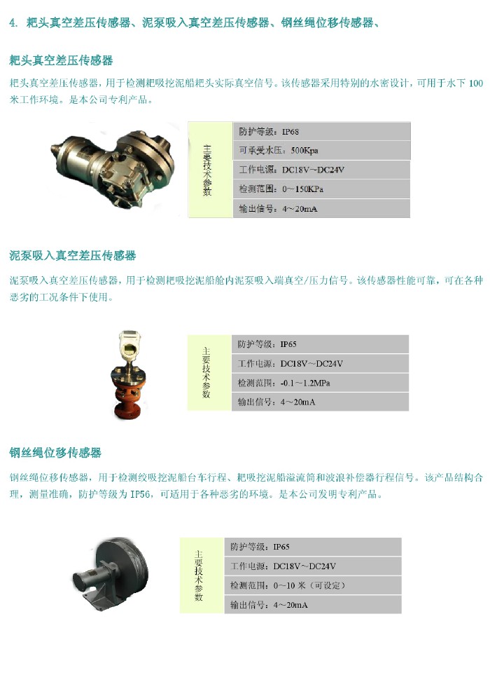 耙頭真空差壓傳感器、泥泵吸入真空差壓傳感器、鋼絲繩位移傳感器、